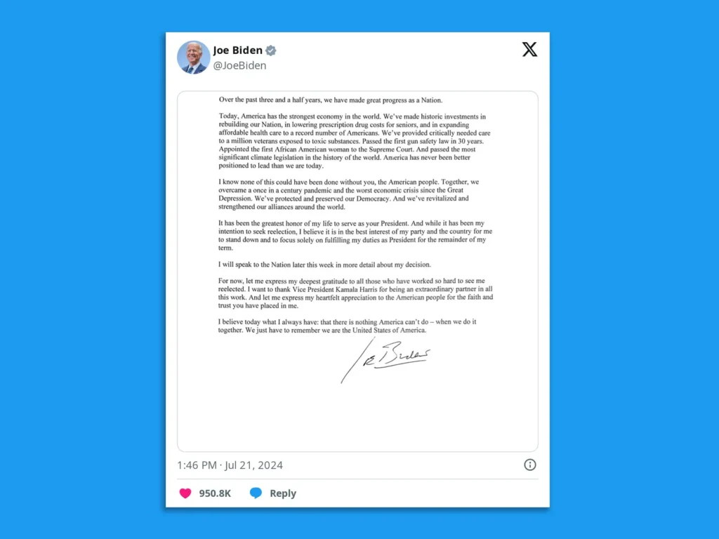 A screenshot of Joe Biden's post on X announcing his withdrawal from the presidential race.